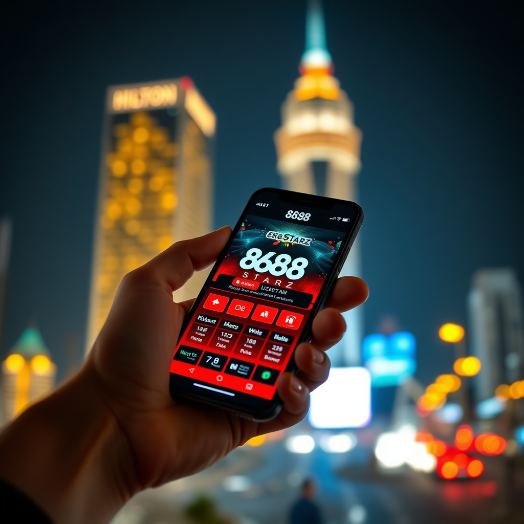 A hand holding a luxury smartphone displaying the official 888starz Uzbekistan app with a sleek red and black interface, background is the Tashkent City skyline with the Hilton and Nest One towers at night, vibrant golden and red bokeh lights, 3D golden c